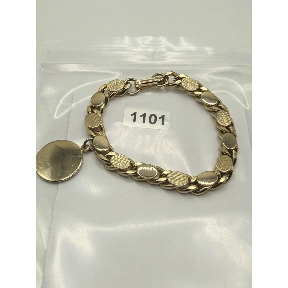 Vintage Gold Tone Link Bracelet Disc Round Dangle Engravable